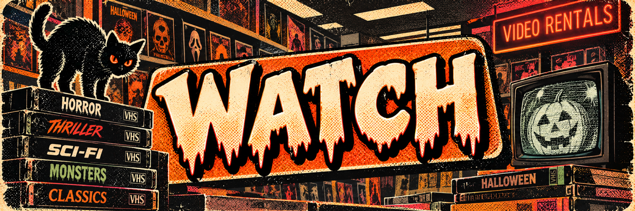 WATCH — retro Halloween VHS video rental shop with a black cat and classic spooky movies