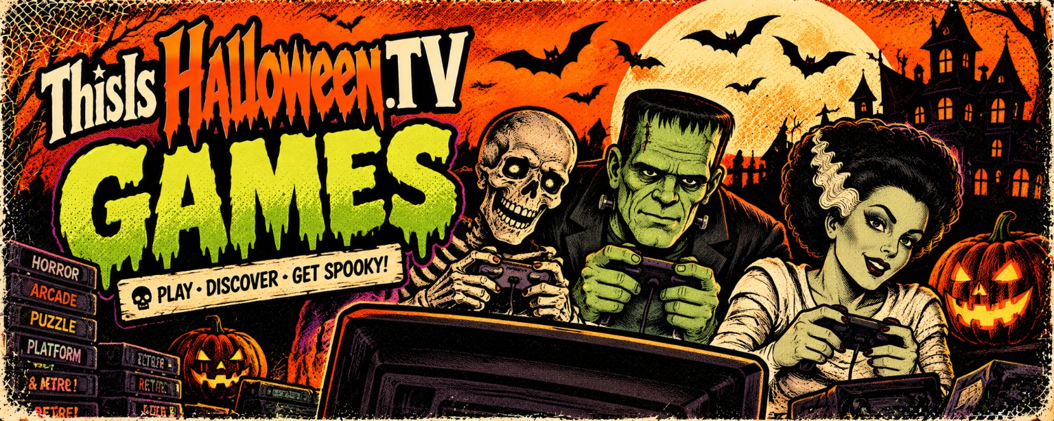 Play Halloween games: retro horror, arcade, puzzles, platformers and more, featuring classic monster illustrations and game controllers.