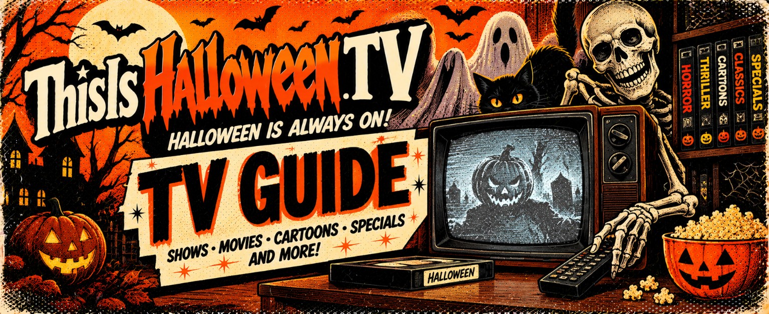Explore the Halloween TV Guide: shows, movies, cartoons, specials and more, with a retro television and spooky vintage illustrations.